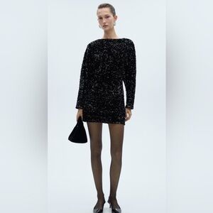 MANGO PUFFED SLEEVES SEQUINED DRESS